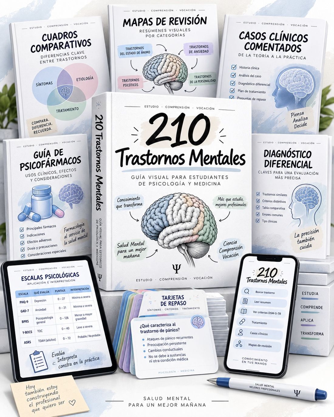 Mockup principal de 210 Trastornos Mentales con sus materiales y bonos
